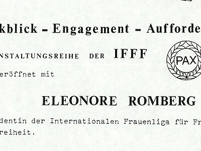 AddF, Kassel, Sign.: NL-P-18 14-2, Einladungsplakat zum Eröffnungsvortrag von Eleonore Romberg anlässlich einer IFFF-Veranstaltungsreihe in München,1987. Rechte vorbehalten - freier Zugang.