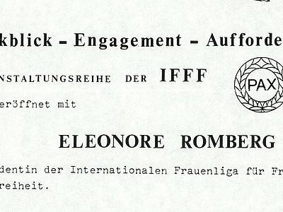 AddF, Kassel, Sign.: NL-P-18 14-2, Einladungsplakat zum Eröffnungsvortrag von Eleonore Romberg anlässlich einer IFFF-Veranstaltungsreihe in München,1987. Rechte vorbehalten - freier Zugang.