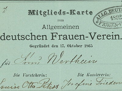 Mitgliedskarte ADF mit Unterschrift von Louise Otto-Peters, AddF Kassel, Sign.: ST-36 ; 1-5/6